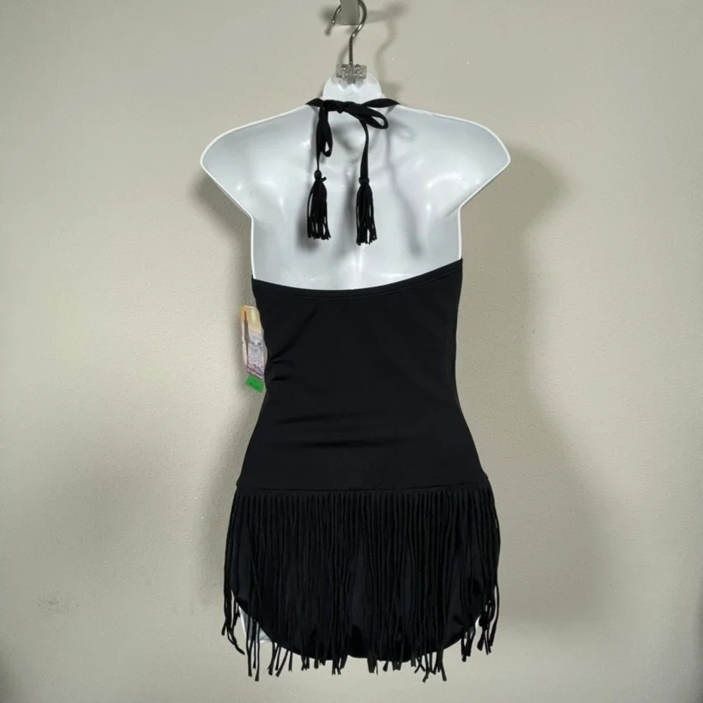 NWT Coco Rave Fringe One Piece Swimsuit Women L 36C  Black Halter Tassel Boho
